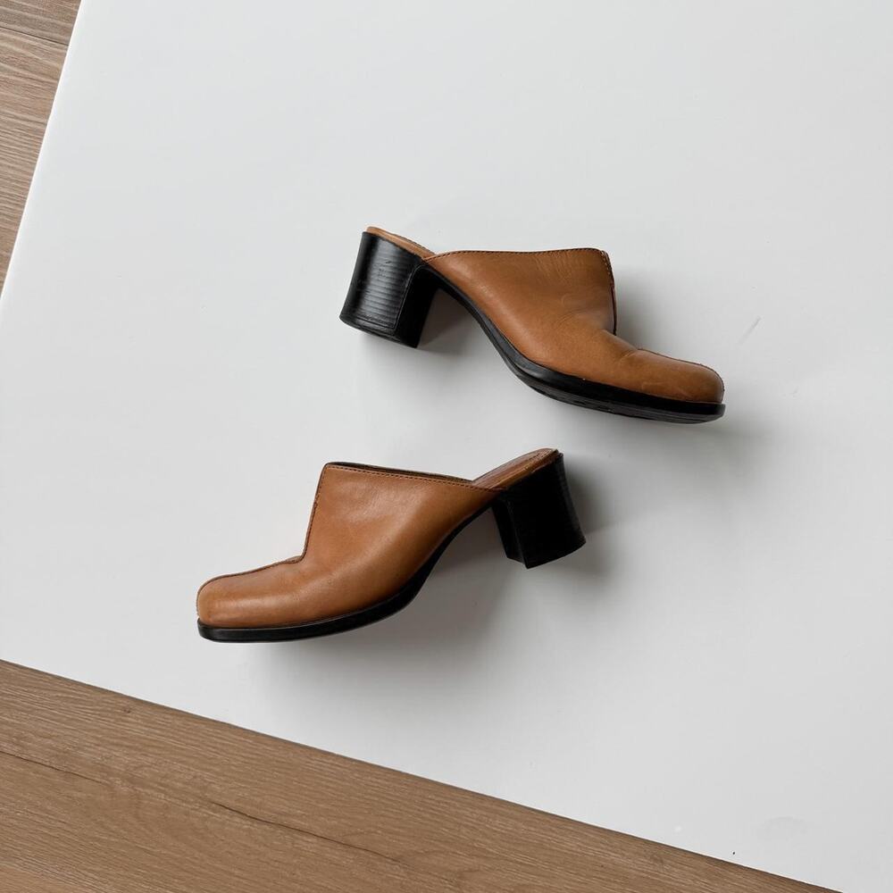 Brown Leather Clogs Mules Size 6 Chunky Heel Clarks